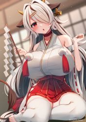 Rule 34 | 1girl, :o, animal ears, bare shoulders, blurry, blush, breasts, choker, cow ears, cow girl, cow horns, cow tail, detached sleeves, ear tag, gohei, grey hair, hair intakes, hair over one eye, holding, horns, huge breasts, long hair, looking at viewer, marota, marota (character), miniskirt, nontraditional miko, original, pom pom (clothes), red choker, red eyes, red skirt, ribbon-trimmed sleeves, ribbon trim, sitting, skirt, solo, tail, tassel, thighhighs, toeless legwear, twintails, very long hair, virtual youtuber, white thighhighs, wide sleeves, yokozuwari