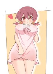 Rule 34 | 1girl, absurdres, bare arms, bare legs, breasts, commentary, dot nose, hair between eyes, heart, highres, large breasts, light blush, lingerie, looking at viewer, low twintails, multicolored hair, murosaki miyo, negligee, onii-chan wa oshimai!, pink negligee, pon sugar, red eyes, red hair, simple background, solo, twintails, two-tone hair, underwear