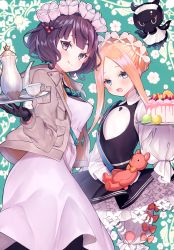 Rule 34 | 2girls, abigail williams (fate), abigail williams (festival outfit) (fate), absurdres, alternate costume, apron, black legwear, black skirt, blonde hair, blue eyes, blush, bow, bowtie, breasts, closed mouth, covering own mouth, dress, enmaided, fate/grand order, fate (series), forehead, formal, garter straps, hair bun, heroic spirit festival outfit, highres, holding, holding stuffed toy, huge filesize, katsushika hokusai (fate), katsushika hokusai (festival outfit) (fate), licking lips, long hair, long sleeves, looking at viewer, maid, maid headdress, medium breasts, multiple bows, multiple girls, octopus, official alternate costume, orange bow, parted bangs, pen, purple eyes, purple hair, sash, short hair, simple background, single hair bun, sitting, skirt, sleeves past fingers, sleeves past wrists, small breasts, smile, stuffed animal, stuffed toy, suit, suzuho hotaru, swept bangs, teddy bear, thighhighs, thighs, third-party source, tokitarou (fate), tongue, tongue out, white background, white dress