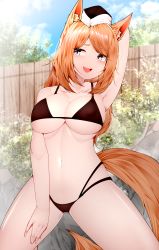 Rule 34 | 1girl, absurdres, animal ear fluff, animal ears, arknights, armpits, arms behind back, bare shoulders, bikini, black bikini, black headwear, blurry, blurry background, blush, breasts, cameltoe, cleavage, collarbone, covered erect nipples, cowboy shot, highres, horse ears, horse girl, horse tail, kneeling, large breasts, long hair, looking away, navel, onsen, open mouth, samip, smile, solo, swept bangs, swimsuit, tail, underboob, whislash (arknights)