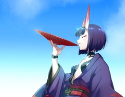Rule 34 | 1girl, bare shoulders, blue sky, breasts, closed eyes, collarbone, echo (circa), eyeliner, fate/grand order, fate (series), headpiece, horns, japanese clothes, kimono, long sleeves, makeup, obi, oni, purple hair, purple kimono, revealing clothes, sash, short hair, shuten douji (fate), skin-covered horns, sky, small breasts, smile, solo, wide sleeves
