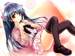 Rule 34 | 1girl, black thighhighs, blue hair, blush, bow, female focus, gradient background, hair bow, highres, light smile, long hair, mary janes, original, pointing, ponytail, rakujin, red eyes, shoes, solo, thighhighs