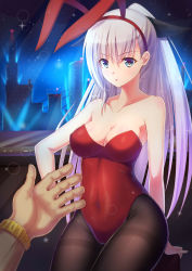 Rule 34 | 1girl, ame wa a ga tsutano?, animal ears, bare shoulders, blue eyes, breasts, rabbit ears, cityscape, cleavage, covered navel, fake animal ears, hairband, highres, large breasts, leotard, long hair, night, original, outstretched arm, pantyhose, playboy bunny, ponytail, red leotard, silver hair, sitting, solo focus, thighband pantyhose