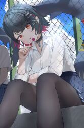 2girls absurdres arm_on_thigh black_choker black_hair black_pantyhose blue_skirt blue_sky bra_visible_through_clothes breasts candy chain-link_fence choker cloud colored_inner_hair day ellen_joe fence fins fish_tail food highres holding holding_candy holding_food holding_lollipop lollipop looking_at_viewer medium_breasts multicolored_hair multiple_girls open_mouth pantyhose pink_hair pleated_skirt red_eyes red_nails shark_girl shark_tail shirt sin_(spen5434) sitting skirt sky solo_focus tail white_shirt zenless_zone_zero