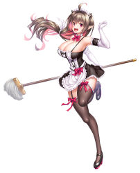 Rule 34 | 1girl, apron, asahi, breasts, brown hair, cleavage, detached collar, floating hair, horns, large breasts, lilith-soft, long hair, looking at viewer, maid, maid apron, maid headdress, red eyes, rina (taimanin asagi), shiny skin, simple background, skirt, smile, solo, sweat, taimanin (series), taimanin asagi, taimanin rpgx, thighhighs, very long hair, wide hips