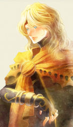 Rule 34 | 1boy, blonde hair, blue eyes, bodysuit, cape, dhaos, dhaos (tales), expressionless, fingerless gloves, gloves, hatomame, long hair, male focus, sepia background, solo, tales of (series), tales of phantasia
