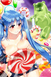 Rule 34 | 1girl, bad id, bad pixiv id, bare shoulders, between breasts, between thighs, blue hair, blush, breasts, candy, candy cane, cleavage, cream, detached sleeves, emphasis lines, food, gummy bear, jelly bean, julion (akesuzu), large breasts, long hair, luthica preventer, red eyes, solo, sparkle, sweatdrop, sweets, sword girls, torn clothes, twintails, very long hair