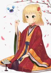 Rule 34 | 1girl, absurdres, akamizuki (akmzk), alternate hairstyle, blonde hair, blurry, blush, candy, cherry blossoms, cosmog, creatures (company), depth of field, floral print, flower, food, game freak, gen 7 pokemon, green eyes, hair flower, hair ornament, highres, hinamatsuri, japanese clothes, kneeling, konpeitou, legendary pokemon, lillie (pokemon), multicolored clothes, nintendo, petals, pokemon, pokemon (creature), pokemon sm, ponytail, sitting, solo focus, thinking, thought bubble