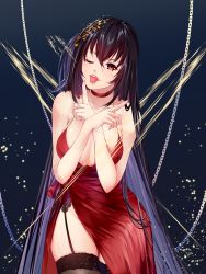 Rule 34 | 1girl, :p, absurdres, azur lane, black hair, black thighhighs, breasts, choker, cleavage, commentary request, dress, garter straps, hair ornament, highres, large breasts, long hair, looking at viewer, official alternate costume, one eye closed, red choker, red dress, red eyes, side slit, solo, spaghetti strap, taihou (azur lane), taihou (forbidden feast) (azur lane), thighhighs, tongue, tongue out, very long hair, yople star man