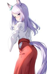 Rule 34 | 1girl, absurdres, alternate costume, animal ears, ass, blush, closed mouth, commentary request, highres, horse ears, horse girl, horse tail, japanese clothes, long hair, looking at viewer, mejiro mcqueen (umamusume), miko, purple eyes, purple hair, simple background, solo, sunny (20597521), tail, umamusume, white background