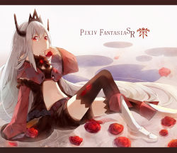Rule 34 | 1girl, bad id, bad pixiv id, boots, flower, horns, knee boots, long hair, midriff, navel, p0ckylo, pixiv fantasia, pixiv fantasia sword regalia, red eyes, rose, sitting, sleeves past wrists, solo, thighhighs, white hair