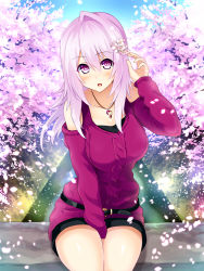 Rule 34 | 1girl, bare shoulders, belt, between legs, blush, breasts, cherry blossoms, cleavage, cu-no, day, eyebrows, flower, hair flower, hair ornament, hand between legs, hisen kaede, jewelry, kikyou-0423, long hair, looking at viewer, necklace, open mouth, outdoors, pink hair, purple eyes, sitting, solo, yayoi sakura