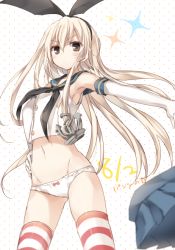 Rule 34 | 10s, 1girl, alternate costume, armpits, blonde hair, bow, bow panties, elbow gloves, gloves, kantai collection, komeshiro kasu, long hair, looking at viewer, panties, polka dot, polka dot background, shimakaze (kancolle), skirt, solo, striped clothes, striped thighhighs, thighhighs, translated, underwear, unworn skirt, white background, white panties