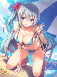 Rule 34 | 10s, 1girl, ange vierge, arm support, ball, bare shoulders, beach, beach umbrella, beachball, bikini, breasts, cleavage, collarbone, day, flower, front-tie bikini top, front-tie top, green bikini, hair flower, hair ornament, highres, kneeling, large breasts, looking at viewer, navel, nya lapucea, ocean, official art, outdoors, petals, purple eyes, sandals, side-tie bikini bottom, silver hair, smile, solo, swimsuit, tomose shunsaku, umbrella