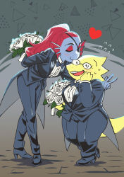 Rule 34 | 2girls, :d, absurdres, alphys, black footwear, black pants, blush, bouquet, bow, bowtie, eyepatch, closed eyes, female focus, fish girl, flower, formal, full body, furry, furry female, furry with furry, glasses, heart, height difference, high heels, highres, holding, holding bouquet, kiss, leaning forward, multiple girls, open mouth, pant suit, pants, red hair, reptile girl, smile, standing, suit, tail, tailcoat, tiduco, tuxedo, undertale, undyne, wife and wife, yuri
