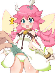 Rule 34 | 1girl, 1other, :o, blue eyes, clothes lift, cowboy shot, detached sleeves, dragalia lost, dress, dress lift, fairy, fairy wings, fang, flower, green dress, green panties, hair flower, hair ornament, long hair, notte (dragalia lost), open mouth, panties, pink hair, shishimaru ken&#039;ya, strapless, strapless dress, surprised, underwear, white background, wings