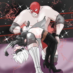 Rule 34 | 1boy, 1girl, absurdres, ass, back cutout, backbreaker, black dress, black gloves, black hairband, blindfold, breasts, clothing cutout, dress, ghost13, gloves, hairband, highleg, highleg leotard, highres, injury, leotard, nier (series), nier:automata, open mouth, pain, ryona, screaming, short hair, silver hair, simple background, sweat, thighhighs, thong, thong leotard, white leotard, wrestling, wrestling ring, 2b (nier:automata)