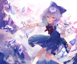 Rule 34 | 1girl, blue bow, blue hair, blurry, bow, cirno, depth of field, hair bow, highres, ice, ice wings, mountain, open mouth, puffy short sleeves, puffy sleeves, purple eyes, rainbow, red neckwear, red ribbon, ribbon, short sleeves, smile, solo, sunakumo, touhou, wavy hair, wings