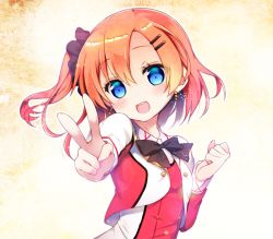 Rule 34 | 10s, 1girl, :d, bad id, bad twitter id, blush, bow, earrings, hair bow, hair ornament, hairclip, jewelry, kanora, kosaka honoka, looking at viewer, love live!, love live! school idol project, open mouth, orange hair, short hair, smile, solo, v