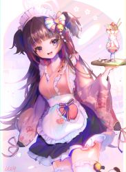 Rule 34 | 10 04ten, 1girl, absurdres, apron, bad id, bad pixiv id, bell, black hair, blue archive, blue bow, blush, bow, bush, commentary, dress, eyes visible through hair, floral print, frilled apron, frilled dress, frilled kimono, frills, hair bow, hair ornament, highres, japanese clothes, jingle bell, kimono, long hair, long sleeves, looking at viewer, maid, maid apron, maid headdress, multicolored bow, open mouth, parfait, petticoat, pink bow, pink kimono, pink ribbon, print kimono, purple eyes, ribbon, shizuko (blue archive), solo, straight-on, surprised, thighhighs, two side up, v-shaped eyebrows, very long hair, wa maid, waist apron, waitress, white apron, white background, white bow, white thighhighs, wide sleeves