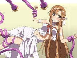 Rule 34 | 10s, 1girl, arm grab, asuna (sao), asuna (sao-alo), bare shoulders, blush, breasts, brown eyes, brown hair, clenched hand, clenched teeth, collarbone, ear ornament, elf, holding another&#039;s wrist, imminent rape, leg grab, long hair, long legs, midriff, navel, pointy ears, rape, restrained, solo, sword art online, tagme, teeth, tentacles, titania (sao), uguisu (happy turn)