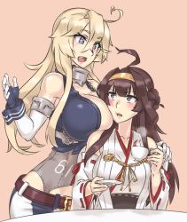 Rule 34 | 10s, 2girls, ahoge, anchor, blonde hair, blue eyes, breasts, brown hair, cleavage, cup, double bun, elbow gloves, gloves, hair between eyes, hand on shoulder, headband, huge breasts, iowa (kancolle), japanese clothes, kantai collection, kongou (kancolle), long hair, miko, mizuumi (bb), multiple girls, open mouth, saucer, simple background, sitting, star-shaped pupils, star (symbol), symbol-shaped pupils, tea, teacup