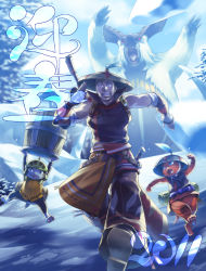 Rule 34 | 1boy, arms up, barrel, bowl, bowl hat, capcom, carrying overhead, coat, creature, felyne, furry, furry male, hat, highres, holding, holding behind back, lagombi, looking at viewer, monster hunter, monster hunter (series), monster hunter portable 3rd, red eyes, size difference, snow, tetsukuzu tetsuko, walking, yukumo (armor)