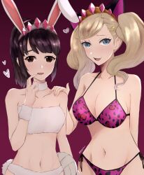 Rule 34 | 2girls, :d, absurdres, animal ears, animal print, bare shoulders, bikini, black hair, blonde hair, blue eyes, breasts, brown eyes, cat ears, collarbone, fake animal ears, fur bikini, fur choker, hand on another&#039;s shoulder, heart, highres, large breasts, leopard print, looking at viewer, multiple girls, navel, open mouth, persona, persona 5, persona 5 the royal, ponytail, pppppknw, print bikini, purple background, purple bikini, rabbit ears, rabbit tail, small breasts, smile, stomach, suzui shiho, swimsuit, tail, takamaki anne, tiara, twintails, white bikini