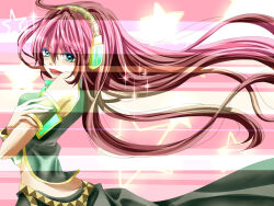Rule 34 | 1girl, bare arms, blue eyes, breasts, commentary request, headphones, long hair, long skirt, looking at viewer, luka luka night fever (vocaloid), medium breasts, megurine luka, open mouth, pink background, pink hair, pink nails, ruu (nnhaao), samfree (&quot;night&quot; songs), skirt, smile, solo, sparkle background, vocaloid
