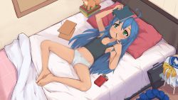 Rule 34 | 1girl, ahoge, barefoot, bed, black shirt, blue hair, blush, breasts, cameltoe, closed mouth, collarbone, eyebrows hidden by hair, female focus, food, from above, full body, green eyes, highres, indoors, izumi konata, long hair, lucky star, lying, navel, on back, on bed, panties, pocky, recklessdraw, ryouou school uniform, school uniform, serafuku, shirt, small breasts, smile, solo, spread legs, underwear, white panties