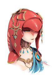 Rule 34 | 1girl, breasts, colored skin, downcast eyes, fish girl, jewelry, long hair, mipha, monster girl, multicolored skin, necklace, nintendo, no nipples, red hair, red skin, small breasts, solo, the legend of zelda, the legend of zelda: breath of the wild, upper body, vashperado, white skin, yellow eyes, zora