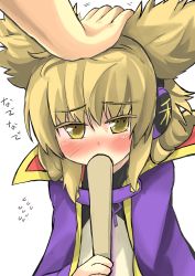 Rule 34 | 1girl, blush, brown hair, cape, earmuffs, flying sweatdrops, gaoo (frpjx283), head pat, headpat, highres, messy hair, pointy hair, ritual baton, simple background, solo focus, touhou, toyosatomimi no miko, white background, yellow eyes