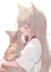 Rule 34 | 1girl, 40hara, :d, ^ ^, animal, animal ear fluff, animal ears, blonde hair, cat, cat ears, cat girl, closed eyes, collar, commentary request, fang, highres, holding, holding animal, kinako (40hara), long hair, open mouth, original, red collar, shirt, simple background, smile, t-shirt, white background, white shirt