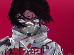 Rule 34 | 1girl, absurdres, animification, apex legends, bad id, bad twitter id, black hair, blood, blood on face, blue eyes, coni (co ni ), cuts, floating hair, highres, injury, jacket, looking at viewer, mask, mouth mask, official alternate costume, parted bangs, quarantine 722 wraith, red background, solo, twitter username, white jacket, wraith (apex legends)
