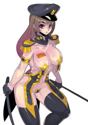 Rule 34 | 1girl, absurdres, black thighhighs, breasts, brown eyes, brown hair, cleavage, collarbone, dual wielding, epaulettes, fengmo, hat, highres, holding, large breasts, lips, long hair, mole, riding crop, simple background, solo, thighhighs, thighs, white background