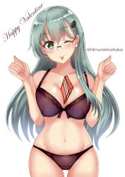 Rule 34 | 1girl, absurdres, bespectacled, between breasts, black bra, black panties, box, bra, breasts, collarbone, cowboy shot, gift, gift box, glasses, green eyes, green hair, hair ornament, hairclip, happy valentine, highres, himura moritaka, kantai collection, large breasts, long hair, navel, one eye closed, panties, smile, solo, standing, suzuya (kancolle), tongue, tongue out, underwear, underwear only, white background