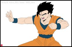 Rule 34 | 1boy, black border, black eyes, black hair, border, chris re5, clenched hand, dougi, dragon ball, dragonball z, fighting stance, flat color, male focus, muscular, muscular male, open mouth, signature, solo, son gohan, spiked hair, twitter username, wristband