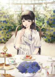 Rule 34 | 1girl, absurdres, black eyes, black hair, blue bow, blue eyes, blue flower, blue rose, bow, cake, chair, commission, conservatory, creamer (vessel), cup, dress, eating, flower, food, fork, fruit, hair bow, half updo, heterochromia, highres, holding, holding fork, jam, long hair, looking at object, macaron, original, plate, puffy short sleeves, puffy sleeves, rose, rose bush, sailor dress, sample watermark, sandwich, scone, short sleeves, sitting, solo, strawberry, sugar bowl, table, tart (food), teacup, teapot, tiered tray, upper body, watermark, white dress, yoi (207342)
