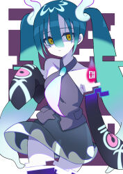 Rule 34 | 1girl, bare shoulders, black sleeves, blue hair, commentary, cowboy shot, creatures (company), detached arm, detached legs, detached sleeves, game freak, ghost miku (project voltage), glitch, gradient hair, grey shirt, hair between eyes, hand up, hatsune miku, highres, long hair, looking to the side, maud0239, multicolored hair, necktie, nintendo, pale skin, pokemon, print sleeves, project voltage, see-through, see-through skirt, shaded face, shirt, skirt, sleeveless, sleeveless shirt, sleeves past fingers, sleeves past wrists, solo, twintails, very long hair, vocaloid, white hair, white necktie, yellow eyes