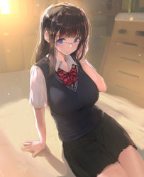 Rule 34 | 1girl, arm support, bad id, bad pixiv id, black skirt, blue eyes, bow, bowtie, breasts, brown hair, closed mouth, glasses, large breasts, looking at viewer, medium hair, original, red bow, red bowtie, short sleeves, sitting, skirt, solo, striped bow, striped bowtie, striped clothes, sweater vest, thighs, yaegashi nan
