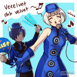 Rule 34 | 1boy, 1girl, bare shoulders, blue gloves, blue hair, breasts, closed eyes, commentary, dress, elizabeth (persona), english commentary, gloves, gzei, hair over one eye, hat, highres, karaoke, music, musical note, open mouth, persona, persona 3, persona 3 reload, short hair, singing, sleeveless, sleeveless dress, small breasts, sweatdrop, white hair, yuuki makoto (persona 3)