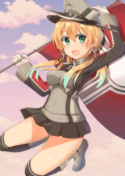 Rule 34 | 10s, 1girl, :d, absurdres, anchor hair ornament, bad id, bad pixiv id, black skirt, black thighhighs, blonde hair, blue eyes, flag, gloves, green eyes, hair ornament, hand on headwear, hat, highres, kantai collection, kapatarou, kriegsmarine, looking at viewer, low twintails, microskirt, military, military hat, military uniform, open mouth, peaked cap, pleated skirt, prinz eugen (kancolle), skirt, smile, solo, thighhighs, twintails, uniform, white gloves