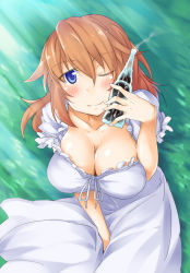 Rule 34 | 1girl, bad id, bad pixiv id, blue eyes, blush, bottle, breasts, brown hair, charlotte e. yeager, cleavage, collarbone, dress, kuronyan, large breasts, long hair, looking at viewer, one eye closed, orange hair, shiny skin, solo, strike witches, wink, world witches series