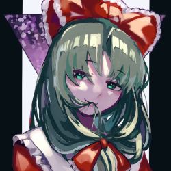 1girl :3 bow dress eating_hair frills front_ponytail green_eyes green_hair hair_bow hair_ribbon kagiyama_hina long_hair looking_at_viewer mushiao red_dress ribbon smile solo touhou