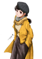 Rule 34 | 1girl, black hair, brown eyes, chutohampa, coat, earrings, grey headwear, grey scarf, hands in pockets, highres, jewelry, long hair, looking at viewer, scarf, shirt, simple background, smile, solo, standing, stole, white background, yellow coat, yellow scarf, yellow shirt