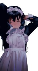 Rule 34 | 1girl, absurdres, adjusting hair, apron, arms behind head, black dress, black hair, closed eyes, closed mouth, commentary, dress, frilled apron, frills, highres, long hair, maeya susumu, maid, maid headdress, original, simple background, solo, standing, symbol-only commentary, upper body, white apron, white background