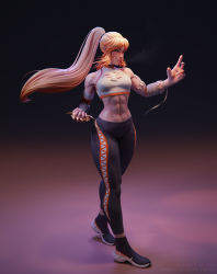 Rule 34 | 1girl, 3d, abs, absurdres, bandages, black footwear, black leggings, blender (medium), blonde hair, bra, brass knuckles, cleavage cutout, clothing cutout, fighting stance, from side, full body, glasgow smile, gradient background, highres, leggings, long hair, monster girl, muscular, muscular female, ninjason chan, scar, scar on face, scar on nose, sharp teeth, simple background, skin tight, solo, sports bra, sportswear, standing, stomach, tanya (jeremy anninos), teeth, underwear, weapon, white bra