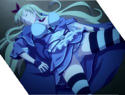 Rule 34 | 1girl, alicia (queen&#039;s blade), blonde hair, breasts, cleavage, closed eyes, defeat, dress, highres, large breasts, long hair, lying, night, panties, pantyshot, queen&#039;s blade, queen&#039;s blade grimoire, screencap, solo, stitched, striped clothes, striped thighhighs, thighhighs, third-party edit, unconscious, underwear