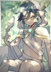 Rule 34 | 1boy, absurdres, alternate costume, androgynous, bad id, bad pixiv id, bird, bird on hand, black hair, blue hair, braid, capelet, closed mouth, commentary request, dappled sunlight, english text, feathered wings, flower, genshin impact, gradient hair, green eyes, happy birthday, hat, hat flower, highres, hood, hood up, hooded capelet, l325j, leaf, male focus, midriff, multicolored hair, navel, robe, short hair with long locks, single thighhigh, smile, solo, sunlight, thighhighs, twin braids, venti (archon) (genshin impact), venti (genshin impact), white flower, white robe, wings