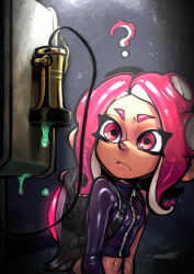 Rule 34 | 1girl, ?, absurdres, agent 8 (splatoon), breasts, commentary, cropped jacket, dark-skinned female, dark skin, eigaka, english commentary, frown, highres, light, midriff, navel, nintendo, octoling, octoling girl, octoling player character, red eyes, red hair, signature, slime (substance), small breasts, solo, splatoon (series), splatoon 2, splatoon 2: octo expansion, tentacle hair, upper body